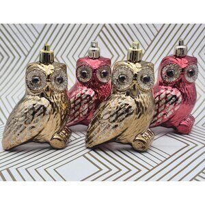 Lot of 4 Owl Christmas Ornaments Holiday Tree Decor Brown & Deep Red Glitter 3"